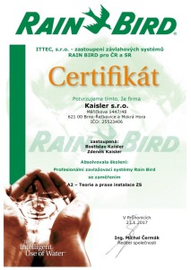 CERTIFIKÁT Rain Bird 2017 Kaisler s.r.o